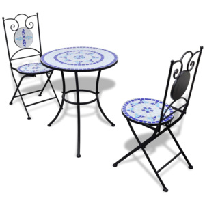 Kék / fehér mozaik bisztró asztal 60 cm 2 db székkel