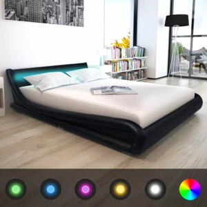 160x200 cm fekete LED-es műbőr ágy matraccal