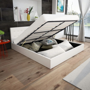 Fehér műbőr ágy ágyneműtartóval 180 x 200 cm