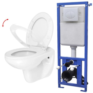 Falra szerelhető, fehér kerámia WC öblítőtartállyal és ülőkével