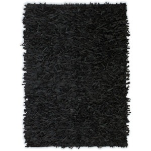 Fekete, valódi bőr shaggy szőnyeg 80 x 160 cm