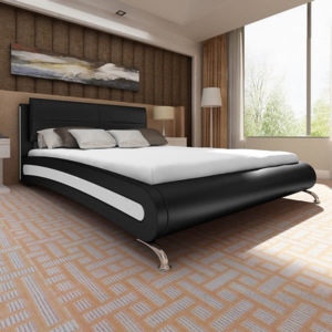 Fekete-fehér műbőr ágy matraccal 140 x 200 cm