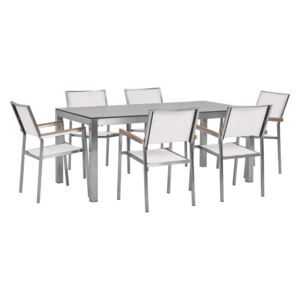 Beton Kerti Étkezőasztal 180 cm-es Méretben Hat Darab Fehér Textil Székkel GROSSETO