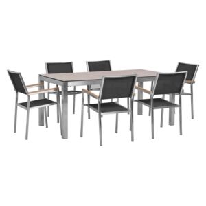 Tölgyfa Kerti Étkezőasztal 180 cm-es Méretben Hat Darab Fekete Textil Székkel GROSSETO