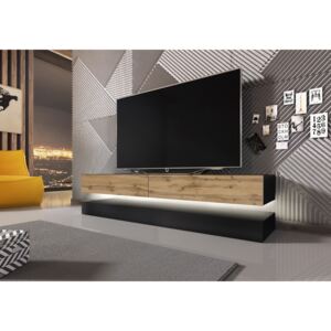 Fly 140 cm-es TV szekrény, tölgy/fekete, fehér LED hangulatvilágítással
