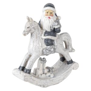 Karácsonyi műgyanta dekorációs figura Mikulás hintalovon ezüst-fehér