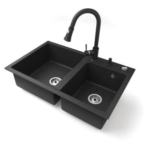 Gránit mosogatótálca NERO Palazzo + kihúzható zuhanyfejes Snake csaptelep + adagoló + dugókiemelő (fekete)