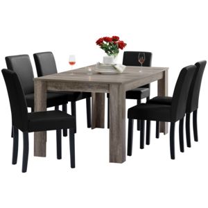 [en.casa]® Rusztikális tölgyfa étkezőasztal - 160 x 90 cm - 6 műbőr fekete székkel