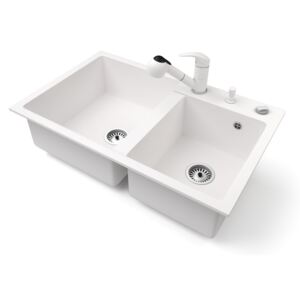 Gránit mosogatótálca NERO Palazzo + kihúzható zuhanyfejes Shower csaptelep + adagoló + dugókiemelő (fehér)