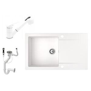 Gránit mosogató NERO Gold + kihúzható zuhanyfejes Shower csaptelep + dugókiemelő (fehér)