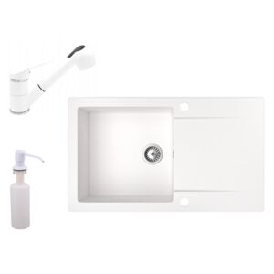 Gránit mosogató NERO Gold + kihúzható zuhanyfejes Shower csaptelep + adagoló (fehér)