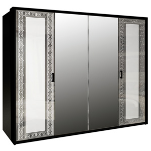 Négyajtós Ruhás szekrény NICOLA tükörrel, 183x212,5x55, magasfényű fehér /fekete