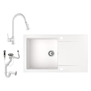 Gránit mosogató NERO Gold + kihúzható zuhanyfejes Snake csaptelep + dugókiemelő (fehér)