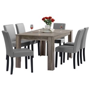 [en.casa]® Rusztikális tölgyfa étkezőasztal - 160 x 90 cm - 6 műbőr világos szürke székkel