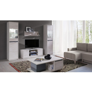 Nappali Fal KOLOREDO 2 - TV szekrény RTV2D + 2x Vitrines Szekrény + Dohányzó asztal + polc, fehér tölgy/magasfényű grafit