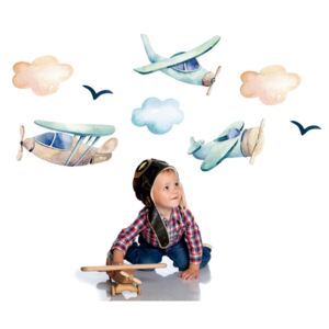 Repülő felhőkkel madarakkal falmatrica - pasztell