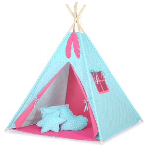 Teepee indián sátor - türkiz kék, fehér pöttyökkel, pink belső