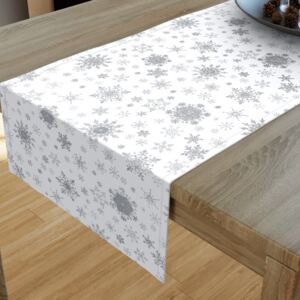 Goldea exkluzív karácsonyi pamut asztali futó - ezüst hópihék fehér alapon 35x160 cm