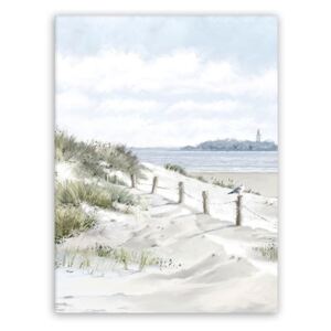 Vászon falikép, fehér homokos tengerpart, 50x70 cm, világoskék - PHARE AU LOIN