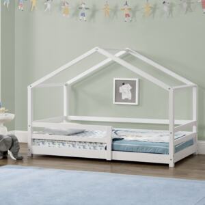 [en.casa]® Gyerekágy ágyráccsal 70x140 cm ház design gyermekágy házikó forma fenyőfa fehér lakkozott