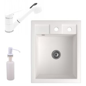 Gránit Mosogató NERO Parma + kihúzható zuhanyfejes Shower csaptelep + adagoló + szifon (fehér)