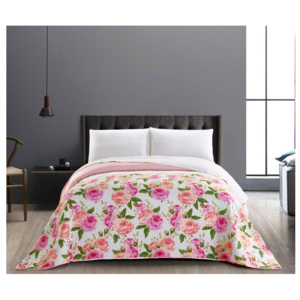 English Rose kétoldalas mikroszálas rózsaszín-fehér ágytakaró, 170 x 270 cm - DecoKing