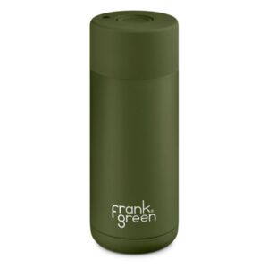 Ceramic Cup khaki kávés utazó bögre, nyomógombos kupakkal, oliva zöld, 475ml, kerámia-rozsdamentes acél