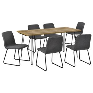 [en.casa]® Elegáns design étkezőasztal hajtű lábakkal - Fa hatású - 160cm x 75cm x 77cm + 6 design székkel - Szövet ülőfelület - Sötétszürke