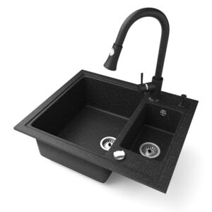 Gránit mosogató NERO Arriva + kihúzható zuhanyfejes Snake csaptelep + adagoló + dugókiemelő (fekete)