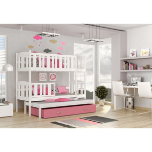 KUBA 3 Color emeletes ágy + AJÁNDÉK matrac + ágyrács, 184x80 cm, fehér/rózsaszín