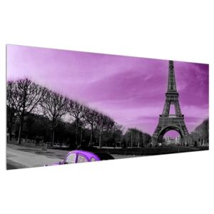 Eiffel torony és a lila autó kép (Modern kép, Vászonkép, 120x50 cm)