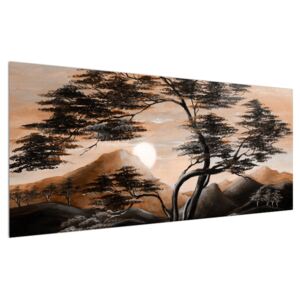 Fák, hegyek és a nap (Modern kép, Vászonkép, 120x50 cm)