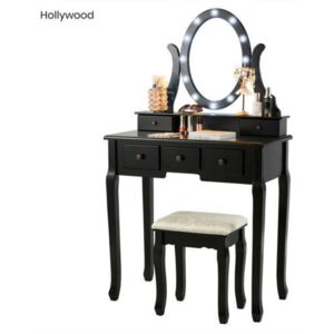 Tükrös fésülködő asztal székkel (Hollywood, fekete)