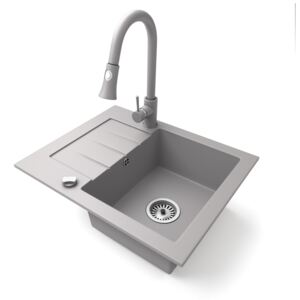 Gránit mosogatótálca NERO Monza + kihúzható zuhanyfejes Snake csaptelep + dugókiemelő (szürke)
