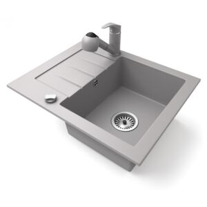 Gránit mosogatótálca NERO Monza + kihúzható zuhanyfejes Shower csaptelep + dugókiemelő (szürke)