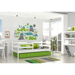 RACEK P Color gyerekágy magas leesésgátlóval + AJÁNDÉK matrac + ágyrács, 184x80 cm, fehér/zöld