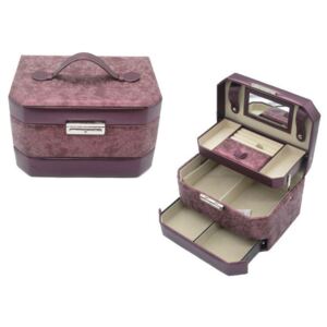 Bőrhatású ékszertartó koffer - fiókos - lila