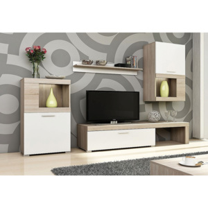 COUNTRY nappali fal, 246x180x30-39 cm, sonoma tölgy/fehér, + fehér LED