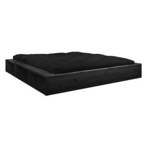 Fekete kétszemélyes tömörfa ágy tárolóhellyel és Comfort futon matraccal, 160 x 200 cm - Karup Design
