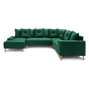 Panoramique XXL Hera zöld bársony kinyitható U alakú kanapé arany lábakkal, bal sarok - Bobochic Paris