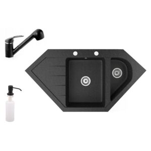 Gránit mosogató NERO Joker + kihúzható zuhanyfejes Shower csaptelep + adagoló (fekete)