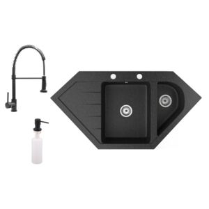 Gránit mosogató NERO Joker + kihúzható zuhanyfejes Spiral csaptelep + adagoló (fekete)