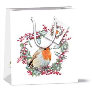 Karácsonyi papír ajándéktáska Robin in Wreath