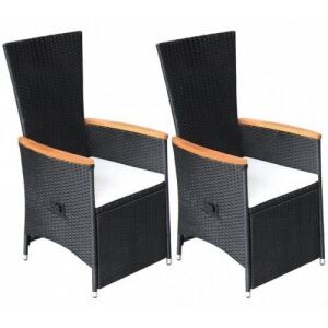 2 db fekete dönthető háttámlás polyrattan kerti szék párnával