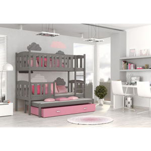 KUBA 3 Color emeletes ágy + AJÁNDÉK matrac + ágyrács, 184x80 cm, szürke/rózsaszín