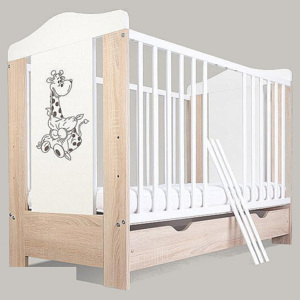 BABY kiságy + ágyrács és ágyneműtartó, sonoma tölgy/fehér, 120x60 cm