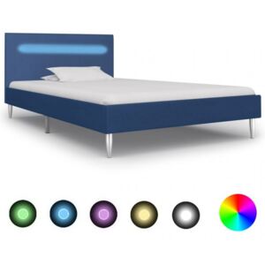 Kék szövetkárpitozású LED-es ágykeret 90 x 200 cm