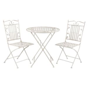 Clayre & Eef 5Y0385 Kovácsoltvas vas asztal 2 db székkel krém színű, leveles 70x77cm / 39x48x90 cm