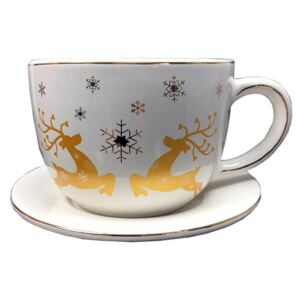 Karácsonyi porcelán csésze aljjal - arany rénszarvasos