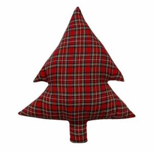 Domarex karácsonyi formázott párna, Fenyő, piros kockás, 40 cm